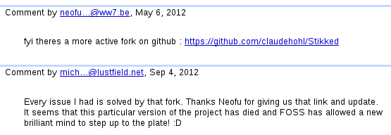 neofutur: fyi theres a more active fork on github (link). michi: Every issue I had is solved by that fork. Thanks Neofu for giving us that link and update. It seems that this particular version of the project has died and FOSS has allowed a new brilliant mind to step up to the plate! :D