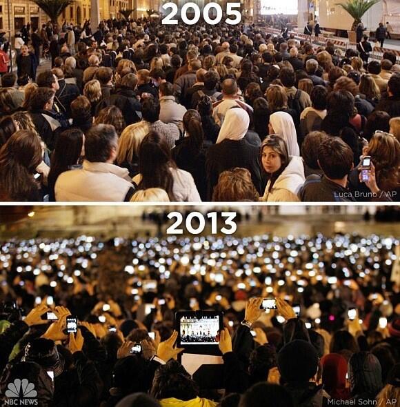 Menschenmenge 2005: fast keine geräte zu sehen. 2013: die menge voller displays, smartphones etc