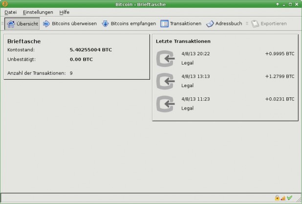 Screenshot der Bitcoin Brieftasche