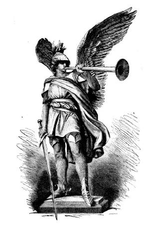 Statue - römischer Engel mit Schwert bläst eine Trompete